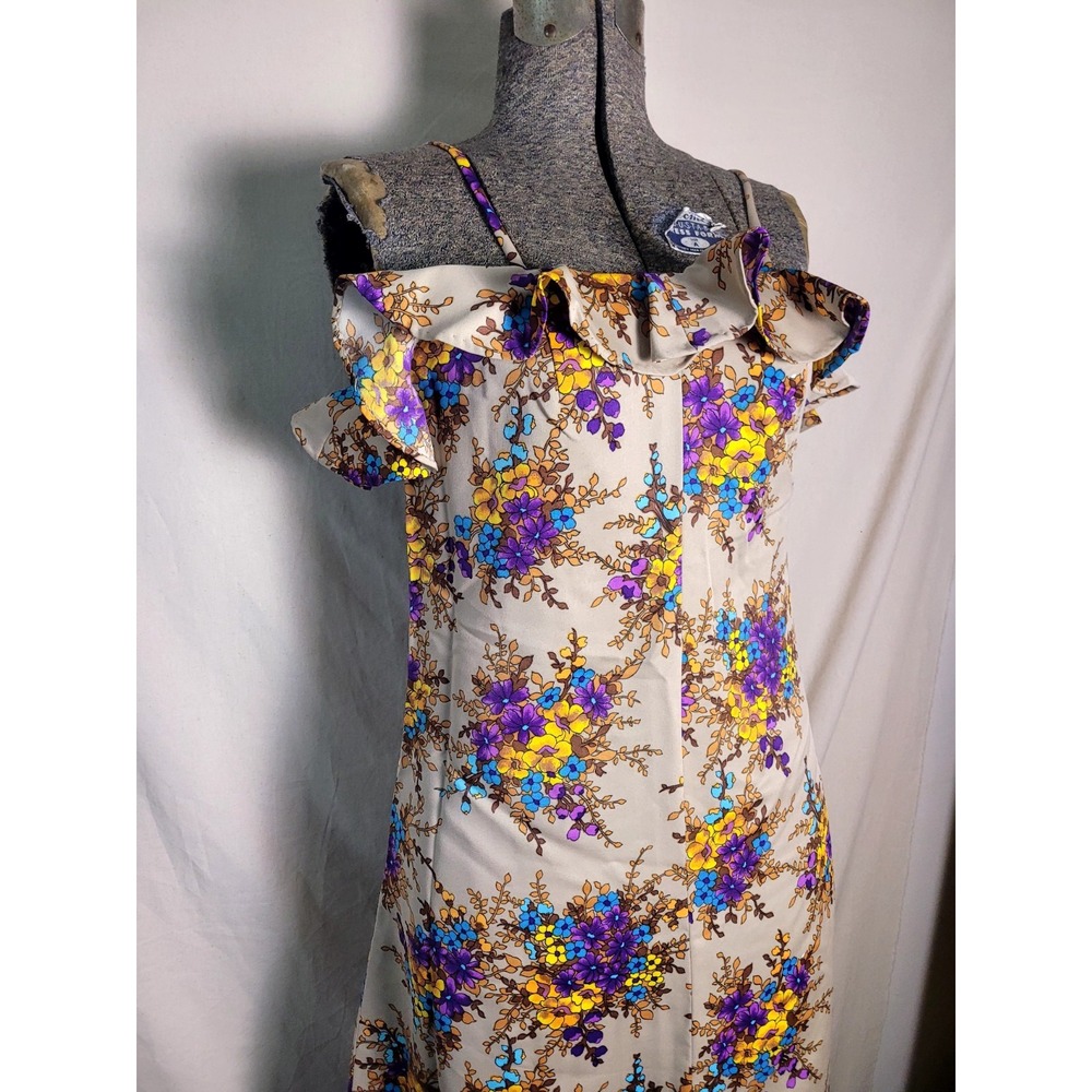 Vintage 60s 70s Handmade Maxi Dress Beige Floral Ruffles Purple‎ Yellow S - Picture 2 of 13